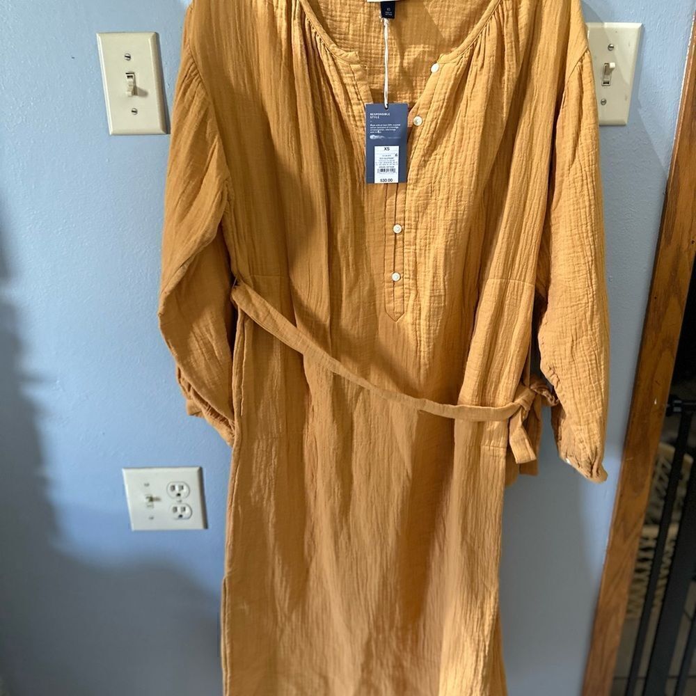 Universal Thread Long sleeve Shirtdress Tie front Pockets Midi Gold NWT XS or S - Picture 10 of 12